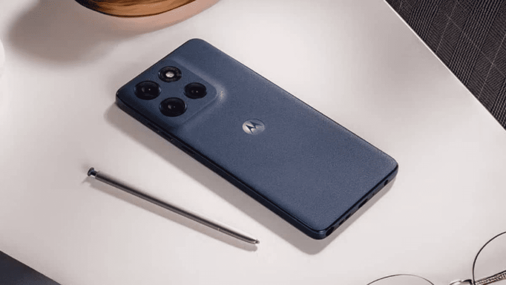 Rear view showcasing the triple camera setup and vegan leather finish of the Motorola Edge 60 Stylus.