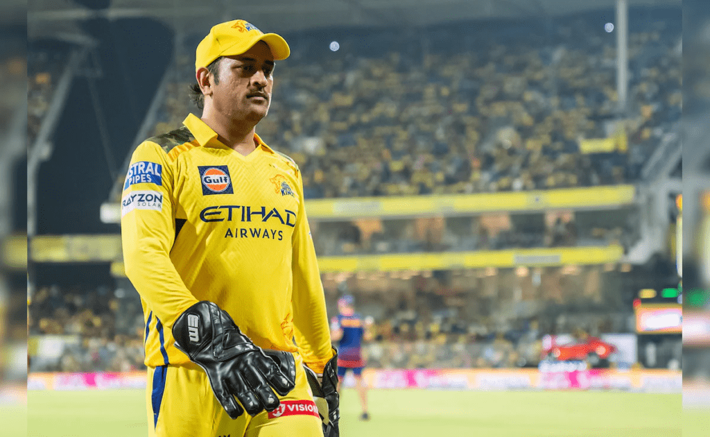 MS Dhoni celebrates as the first wicketkeeper to take 150 catches in IPL history, setting a new record in IPL 2025